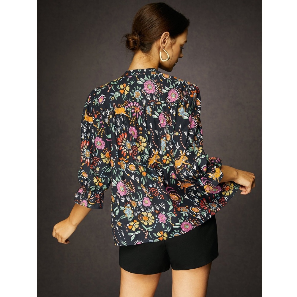 StyleWe, V-Neck Printed Floral Black Multicolored Blouse, Size L - Picture 7 of 7
